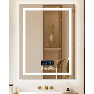 LUVODI Badspiegel mit Bluetooth Lautsprecher: 80x60 cm LED Spiegel mit Hintergrundbeleuchtung und Frontbeleuchtung, 4 Touch-Schalter, Dimmbar, 3 Lichtfarbe Einstellbar, Beschlagfrei Spiegel