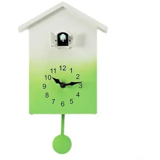 Modernes Kuckucksuhr mit Beweglichem Vogel und Schwingpendel, Farbenfrohes Design für Kinderzimmer oder Landhausstil, Stündliches Coo Coo Chimes, Lautstärke Einstellbar(Green)