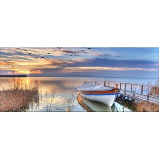 artissimo Glasbild Glasbild XXL 125x50 cm Bild aus Glas Wandbild groß Boots-Steg Meer, Landschaft: Sonnenuntergang am See blau