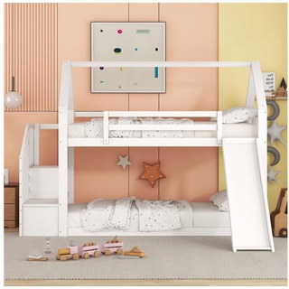 Flieks Etagenbett, Kinderbett mit Treppe & Rutsche & oberem Lattenrost 90x200cm weiß 200 cm x 242.5 cm x 175 cm