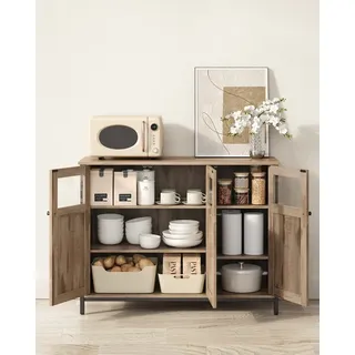 VASAGLE Sideboard Küchenschrank (Aufbewahrungsschrank, Stahlrahmen, Industrie, für Wohnzimmer, Küche, Esszimmer), 100 x 35 x 75 cm, verstellbaren Ablage, mit Glastüren braun|grau|schwarz