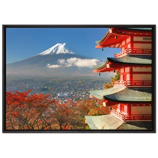 Pixxprint Tempel am Fudschijama Japan Leinwandbild 100x70 cm im Bilderahmen, Wandbild, Schattenfugenrahmen, Kein Poster