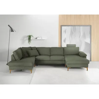 Candy Wohnlandschaft 3C CANDY "Lecce, wahlweise PUR-Schaumstoff oder Tonnentaschenfederkern U-Form", grün (oliv), B:339cm H:86cm T:220cm, 95% Polyester, 5% Nylon, Sofas, Wohnlandschaft, Bettkasten in Umbauecke und Longchair, sowie Querschläfer im 2-Sitzer