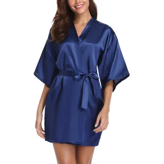 Vlazom Kimono Robe Damen Morgenmantel Kurzer Satin Bademantel Mit Gürtel V-Ausschnitt Kimono(L,Dunkelblau) - L
