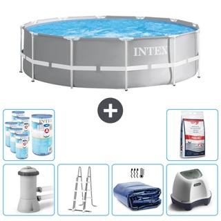 Intex Round Prism Frame Swimming Pool – 366 x 99 cm – Grau – inklusive Pumpe – Leiter Sonnensegel - Salzwassersystem - Filter - Poolsalz