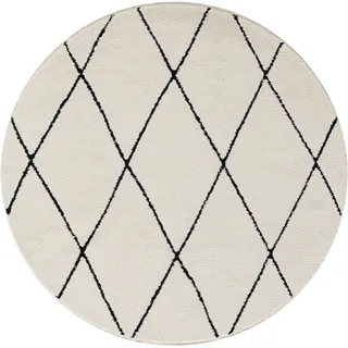 Hochflor-Teppich MYFLAIR MÖBEL & ACCESSOIRES "Moroccan Diamond" Teppiche Gr. Ø 190 cm, 24 mm, 1 St., schwarz-weiß (weiß, schwarz) Esszimmerteppiche modern, marokkanisches Design, Rauten Muster, weich durch Hochflor