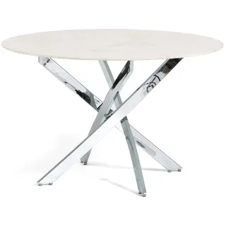 RATTATAN Innentisch Ø120 cm mit gehärteter Glasplatte und Metallbeinen, elegantes Design für Küche oder Esszimmer–KASPER–Rosa Marmor/Silber