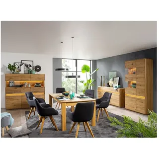 Lomadox Esszimmer-Set WELLAND-69, (Spar-Set, 4-St., Esstisch Highboard Sideboard Vitrine), in Eiche massiv geölt inkl. Beleuchtung, Esstisch 180x100 cm, montiert braun