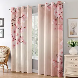 Generisch Vorhänge Kirschblüten, Japanische Rosa Blumen Vorhang Blickdicht mit Ösen 2er Set, Verdunklungsvorhänge für Wohnzimmer Schlafzimmer Deko, Gardinen mit Muster 137 X 117 cm (H X B) B-D85