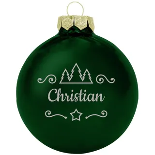 Deitert Weihnachtskugel mit Namen oder Wunschtext graviert, Ø 8cm, personalisierte Christbaumkugel aus Glas (glänzend), individueller Weihnachtsbaumschmuck mit Gravur, Tannen-Motiv, Grün
