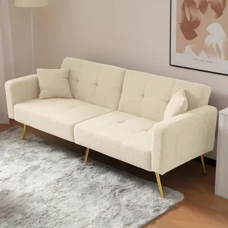 Merax Schlafsofa 2-Sitzer Sofa mit Schlaffunktion, Klappsofa mit unabhängig verstellbaren Doppelrückenlehnen - Sofabett aus Sherpa-Stoff, für Wohnzimmer/Schlafzimmer/Gästezimmer, Beige