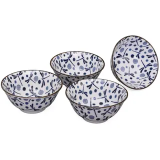 tea4chill Porzellan Schale/Dessertschale/Müslischale - Original Japanisches Schalen Set 4-teilig, Ø 15cm blau/weiß, Libellenmuster