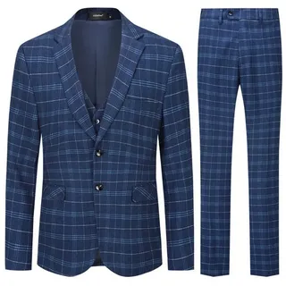Allthemen Anzug (3 tlg) Slim Fit karierter Herrenanzug mit einem Knopf blau 54