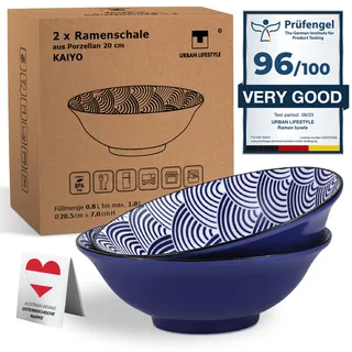 Urban Lifestyle Ramen Schüssel 2er Set Ø20,6 cm aus Porzellan 1L Ramen Bowl im japanischen Stil Blau Weiß, Große Suppenschalen für Ramen Nudeln, Pho & Salat, Stapelbar bis 12 (Kaiyo)