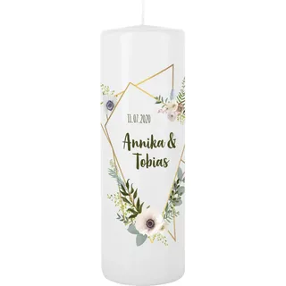 Herz & Heim® Elegante Hochzeits-Kerze mit Namen und Datum sowie Wunschtext für den schönsten Tag im Leben