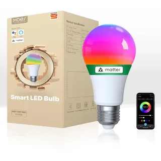 MOES Smart Glühbirne Matter E27, WLAN Alexa LED Lampe RGBCW, WW, mit Dimmbar, Musiksynchronisation, 16 Millionen Farben, kompatibel mit Apple HomeKit, SmartThings, Alexa, Google Home