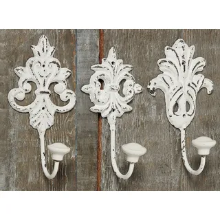 RiloStore 3 STK. Wandhaken Nostalgie Weiss Metallhaken Gußeisen 3er Hakenset Garderobenhaken Shabby Chic Garderobe antik weiß Vintage Gaderobe Haken Eisenhaken