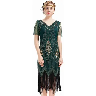 BABEYOND Damen 1920s Art-Deco Flapper Kleid mit V-Ausschnitt und Knie-Länge in Schwarz für Frauen, Vintage-Enthusiasten und Partygänger - XL