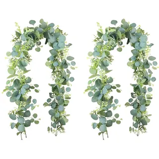 Eukalyptus Girlande Deko, 2 Stück 1,8m Künstliche Eukalyptus Girlande mit Weidenblättern Grüne Blätter Hängepflanze Deko Künstliche Pflanze für Hintergrund, Hochzeit Bogen, Tischdeko