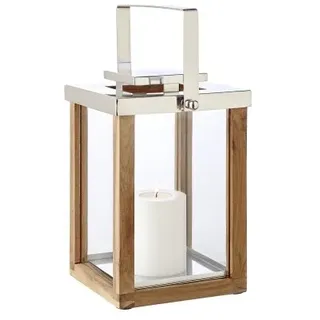 EDZARD Laterne Windlicht Miami mit klappbarem Griff, Holz und Edelstahl glänzend vernickelt, Höhe 36 cm