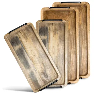 Novaliv Set aus 4 Serviertabletts aus Mangoholz / 4 hochwertige Holz Tabletta mit Griffen/Robustes Serviertablett mit Henkel für Speisen, Getränke oder als Dekoration