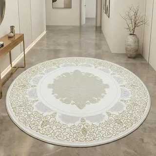 CARPETIA Teppich Rund Mäandermuster Creme Gold mit Glanzeffekt Ø 160 cm | Pflegeleicht, strapazierfähig und schmutzabweisend, OEKO-TEX geprüft, für Fußbodenheizung, mit Glanzeffekt