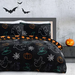 Sleepdown Halloween Gruseliger Geist Schwarz Orange Flanell Fleece Wendebettwäsche Set mit Kissenbezug Warm Weich Pflegeleicht Bettwäsche - Einzelbett (135 cm x 200 cm)