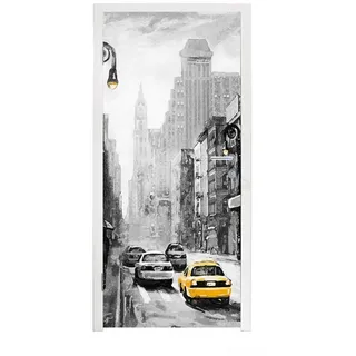 MuchoWow Türtapete Gemälde - Ölfarbe - Stadt - Auto, Matt, bedruckt, (1 St), Türfolie Selbstklebend, Türtapete, Türdeko Poster, 95x235 cm bunt 95 m x 235 m