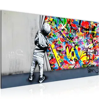 Runa Art Wandbild Wohnzimmer Banksy-Style Boy Behind the curtain 1 Teilig 100 x 40 cm Modern Bild auf Vlies Leinwand Streetart Graffiti Loft Bunt 043512a