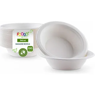FOOGO Green Einwegschalen aus Zuckerrohr-Bagasse, Mittel 340 ml | Ø 15cm, 100 Stück für Suppe, Salat & Desserts, biologisch abbaubar, wie Bambus, Holz & stabile Papierschale für heiße Speisen