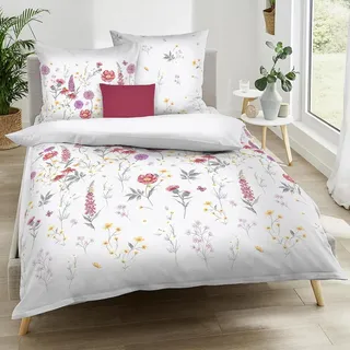 Kaeppel Mako-Satin Bettwäsche Wiesenblümchen hellgrau 135x200 cm + 80x80 cm - grau;rot