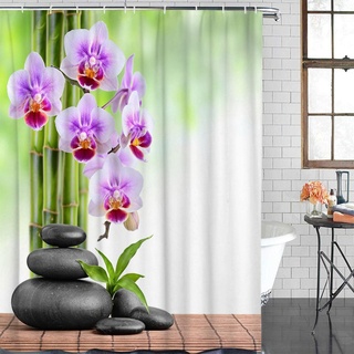 KEPPD Bambus-Orchideen-Zen-Duschvorhang, wasserdichter Badezimmer-Duschvorhang mit Hakenzubehör, Badezimmerzubehör, schnell trocknend, XXL, 300 x 200 cm (118 x 79 Zoll), Duschvorhang