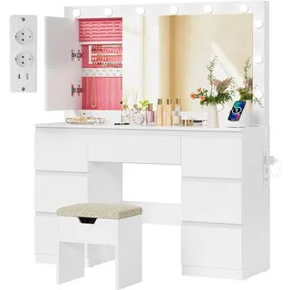 TRIUMPHKEY Schminktisch mit Große Spiege und LED-Beleuchtung,120x40x140cm,Frisiertisch mit 7 Schubladen,Hocker,Steckdose,Schmuckschrank,für das Schlafzimmer,Weiß