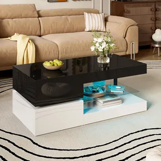 Merax Moderner Couchtisch 90x45x35,5 cm, mit LED, Glasablage, Hochglanz-Oberfläche, für Wohnzimmer, Schwarz und Weiß