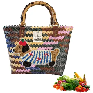 Einkaufskorb Geflochten aus Kunststoff, Strohtasche Groß, Korbtaschen Damen Mit Bambusgriff, Vintage Basttaschen Damen Sommer, Wasserdicht Einkaufstasche Geflochtene Tasche (Dackel) (A)