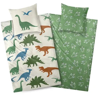 Aminata kids Biber Bettwäsche 135x200 cm Dinosaurier Dino 100% Baumwolle | Kinder-Wende-Bettwäsche-Set für Jungen grün warm & weiche