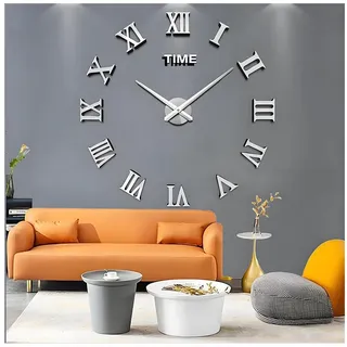 TUWENA Wanduhr DIY Wanduhren Mit 3D Visuelle Aufkleber, Mute große Wanduhr (Modern Design Wanduhren Geeignet für Home Dekoartikel,Büro und Hotel) silberfarben