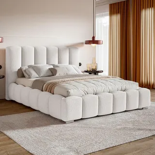 MOTIVENA Grand Bubble Bett 140x200 Weiß Boucle, mit Stauraum, mit Kopfteil, mit Lattenrost, mit Füßen, ohne Matratze, Bubble Polsterbett 140x200 mit Bettkasten Weiß (Milch)