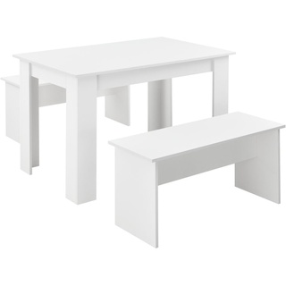Tisch- und Bank Set 3 teilig Essgruppe für 4 Tisch 110 x 70 cm mit 2 Bänken Tischgruppe Sitzgruppe Weiß [en.casa]