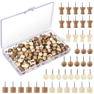 150 Stück Pinnadeln Holz, Reißzwecken Holzkopf Pinnwandnadeln | Holzkopf, Stahlspitze, 6 Formen/Farben, Mit Aufbewahrungsbox, Für Pinnwand, Korktafel Und Karten