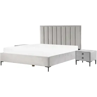 Beliani Schlafzimmer Set Samtstoff Gesteppt mit Hohem Kopfteil Bettkasten Lattenrost 180x200 cm Hochklappbar Komplett grau 180 x 200 Hellgrau