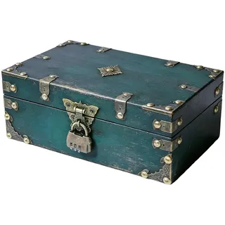 CZCMYAU Holzschatzkiste mit Schloss, Vintage-Piraten-Schatzkiste, dekorative Holzaufbewahrungsbox 24 x 17 x 10 cm, rustikale Schmuckschatulle mit Deckel zur Aufbewahrung und Dekoration