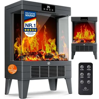 KESSER Elektrokamin mit integrierter Heizfunktion, zwei Heizstufen 1000W / 2000W, mit realistischem LED 3D Feuer- & Flammen Effekt grau
