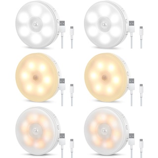 Nachtlicht mit Bewegungsmelder USB Wiederaufladbar, 6 Stück Lampe mit Bewegungsmeld Innen Batterie, Warmlicht/Weißlicht /Neutrales Licht, für Treppenlich Kinderzimmer, Schlafzimmer, Schrank ,Küche