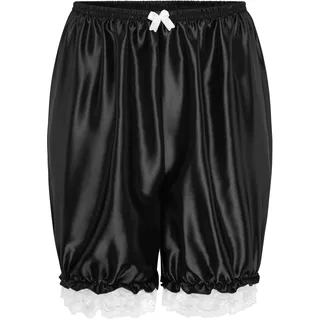 Satini Rüschen Spitze Sissy Gerafft Lolita Bloomers Shorts Seidig Satin Pumphose (Schwarz, L) - L
