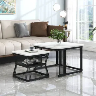 Merax 2er Set Couchtisch mit Marmormuster und Metallrahmen, Satztisch Beistelltisch Kaffeetisch, 65x45cm+45x39.5cm, Schwarz/Weiß - Weiß/Schwarz