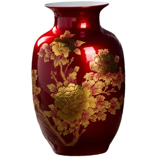 Orientalische Keramik-Blumenvasen, verziert mit Pfingstrosen-Design, für Zuhause, Wohnzimmer, Ornamente und Hochzeit, 22,9 cm hoch, rot
