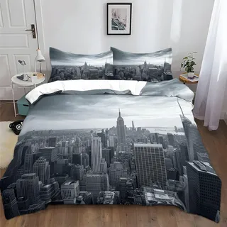 Generisch Bettwäsche-Sets 135x200cm Empire State Building New York City Grau Bettwäsche 3 Teilig, Weich Atmungsaktiv Polyester-Baumwolle Bettbezug Set mit Reißverschluss, 2 Kissenbezüge 80x80 cm