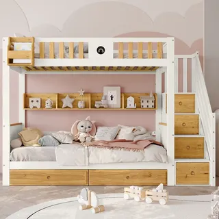 Flieks Etagenbett 90x200cm mit Rausfallschutz, Hochbett Kinderbett mit Treppe & Schubladen, Einzelbett Holzbett mit Ablagen & Lattenrost, Weiß - Naturbelassen/Weiß