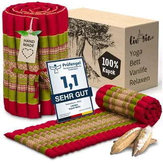 Reisebett-Matratzen Rollmatte 50 cm breit, vegan und handgefertigt, 210x50x4,5cm, livasia, 4,50 cm hoch, Kapok grün|rot
